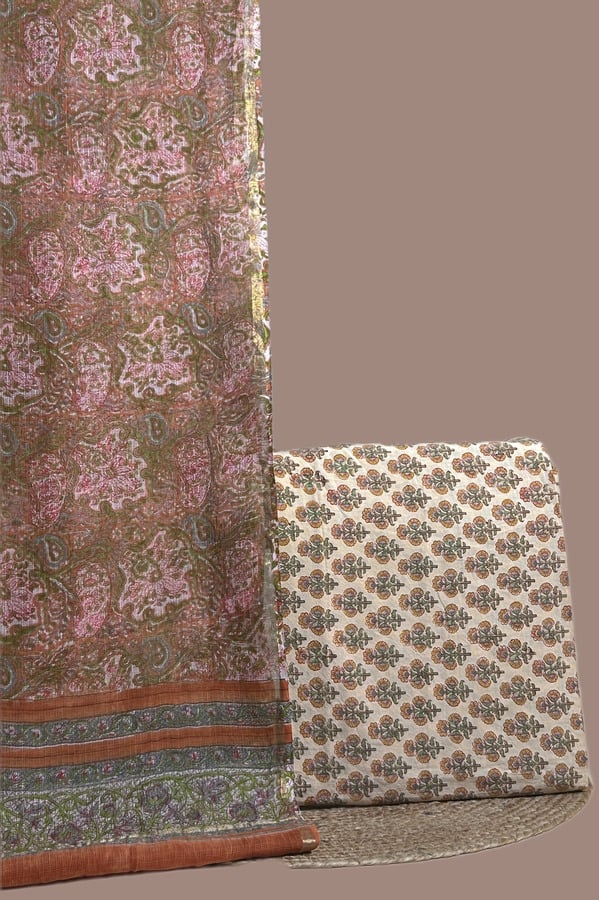 Dusty rose paisley printed dupatta with striped border and an ivory floral buti top.