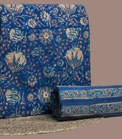 Indigo blue top blockprinted in dense tulips and florals