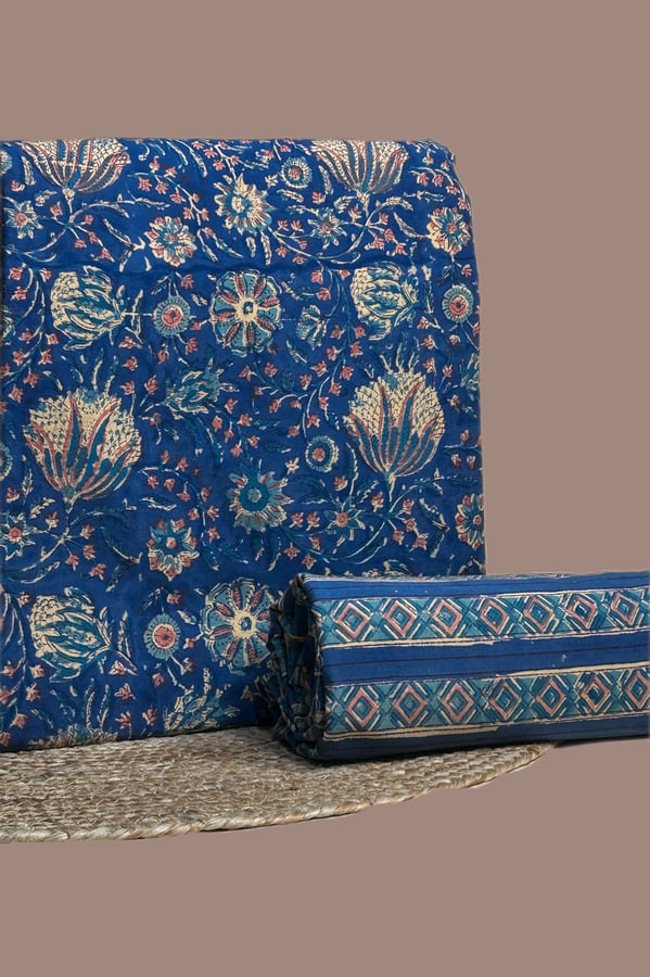 Indigo blue top blockprinted in dense tulips and florals