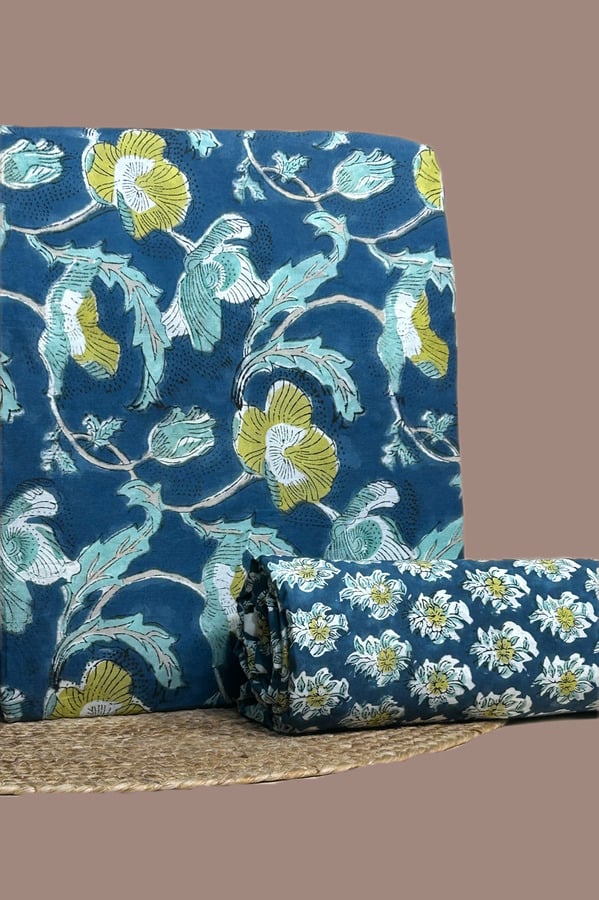 Blue - 2pc Blockprint Soft Cotton Top and Bottom Fabric Set Teal blue top blockprinted in bold lime and aqua blooms