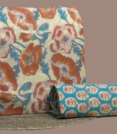 Ivory top blockprinted in large rust poppies and teal leaves