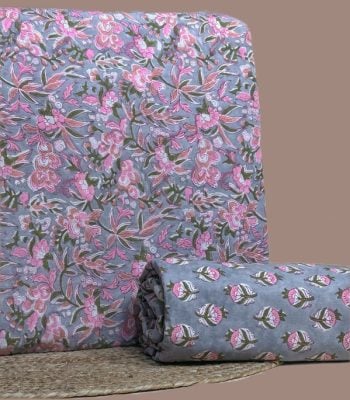 Gray top blockprinted in dense pink lilies and foliage