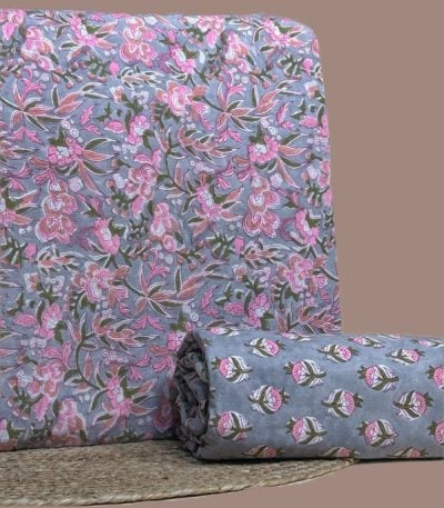 Gray top blockprinted in dense pink lilies and foliage