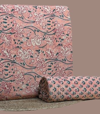 Peach pink top blockprinted in trailing lotus vines