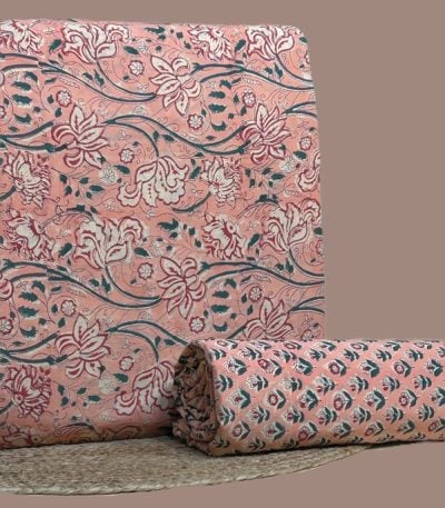 Peach pink top blockprinted in trailing lotus vines