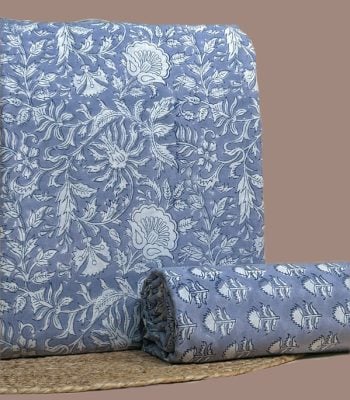 Periwinkle blue top blockprinted in ivory floral scrolls
