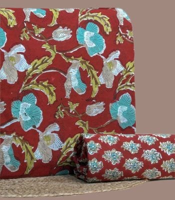 Deep red top blockprinted in turquoise poppies and olive leaves