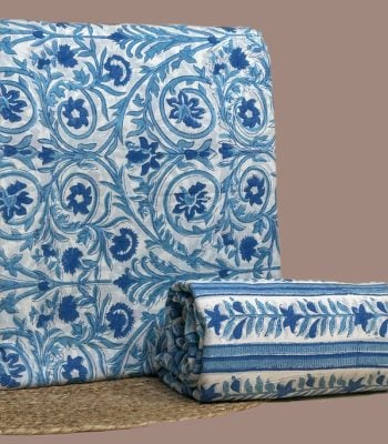 Ivory top blockprinted in blue floral scrollwork