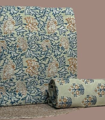 Sage green top blockprinted in ochre and teal chrysanthemums