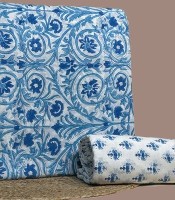 Ivory top blockprinted in indigo floral scrollwork