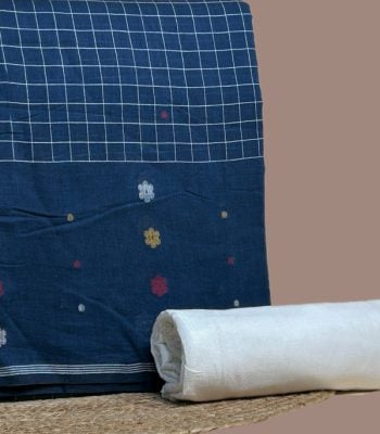 Navy handloom top woven with white checks and multicoloured butis