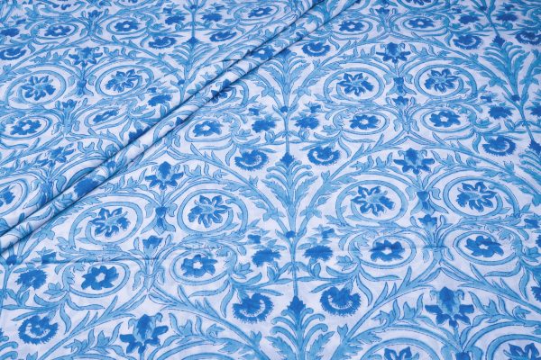 Pre-Cut 1.50m White Blue Floral Scroll Jaal Pure Soft Cotton HandBlock Printed Fabric
