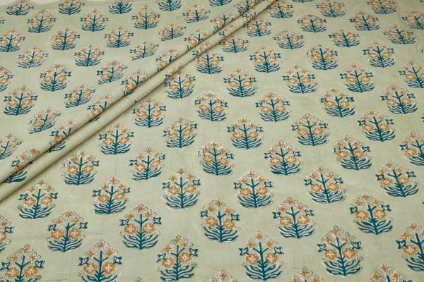 Sage Teal Floral Buti Pure Soft Cotton HandBlock Printed Fabric