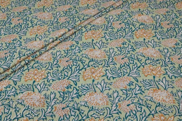 Sage Teal Marigold Jaal Pure Soft Cotton HandBlock Printed Fabric