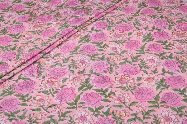 Pre-Cut 1m Pink Rose Bouquet Pure Soft Cotton HandBlock Printed Fabric