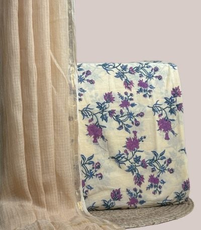 Sheer beige AirLoom Kota dupatta with zari border and an ivory top in purple florals.