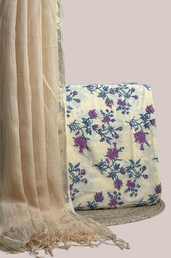 Beige - 2pc AirLoom Kota Dupatta and Blockprinted Soft Cotton Top Fabric Set Sheer beige AirLoom Kota dupatta with zari border and an ivory top in purple florals.