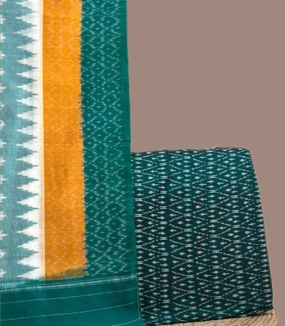 Teal Ikkat dupatta with mustard panel and temple border