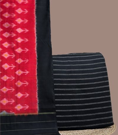 Red Ikkat dupatta with pink motifs and black border