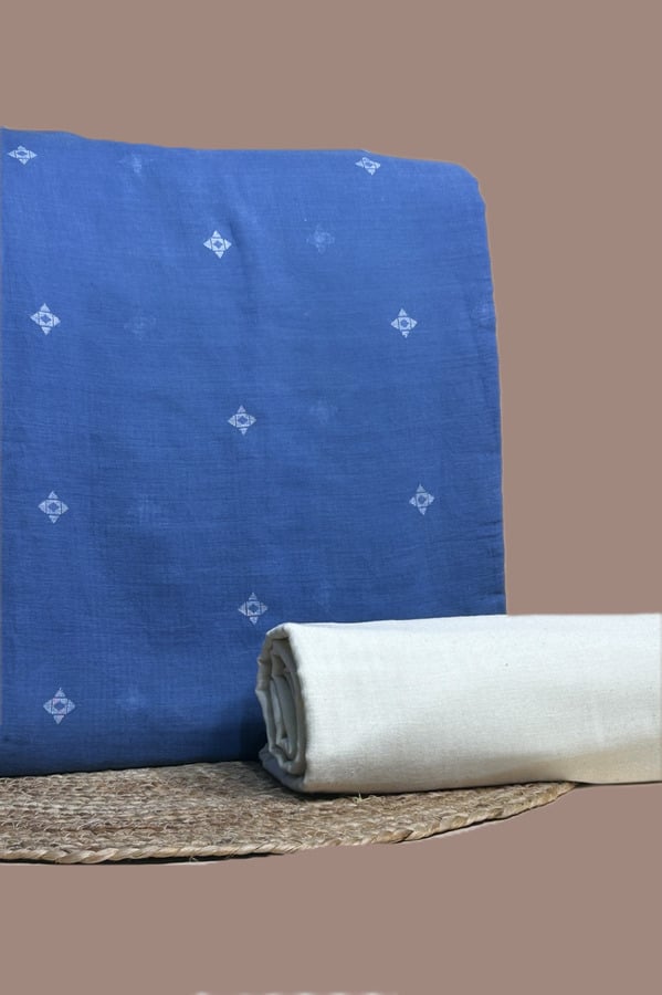 Blue - 2pc Handloom Woven Design Cotton Top and Handloom Soft Cotton Bottom Fabric Set Blue handloom top woven with white geometric butis