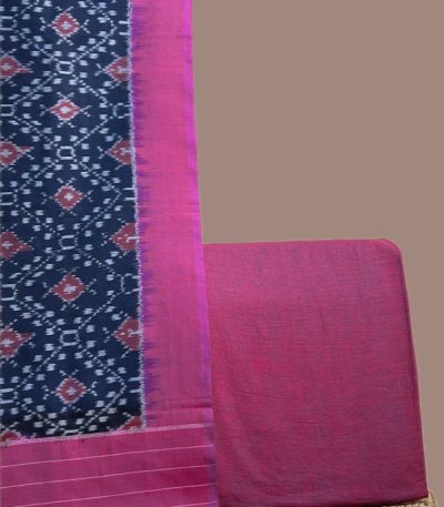 Navy Ikkat dupatta with red diamond motifs and pink border