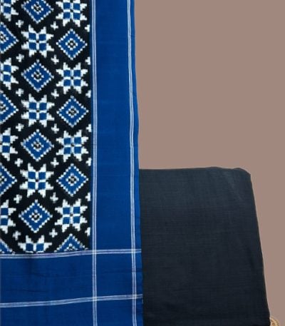 Black patola Ikkat dupatta with blue star lattice and royal blue border