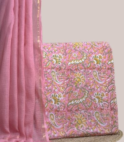 Sheer pink AirLoom Kota dupatta with zari border and a pink paisley floral blockprint top.