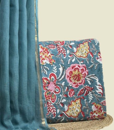 Sheer teal AirLoom Kota dupatta with zari border and a teal top in red florals.