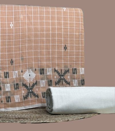 Peach check handloom top with a black and ivory jamdani woven border
