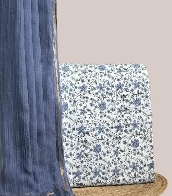 Sheer slate blue AirLoom Kota dupatta with zari border and an ivory blue floral top.