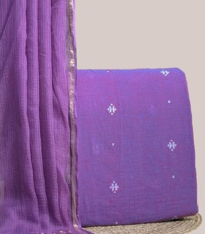 Sheer purple AirLoom Kota dupatta with zari border and a purple woven motif handloom top.