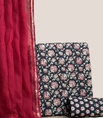 Sheer red AirLoom Kota dupatta with a black red-floral top and matching black buti bottom.