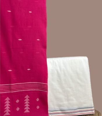 Magenta handloom jamdani dupatta with woven temple motifs and an ivory stripe-hem handloom top.