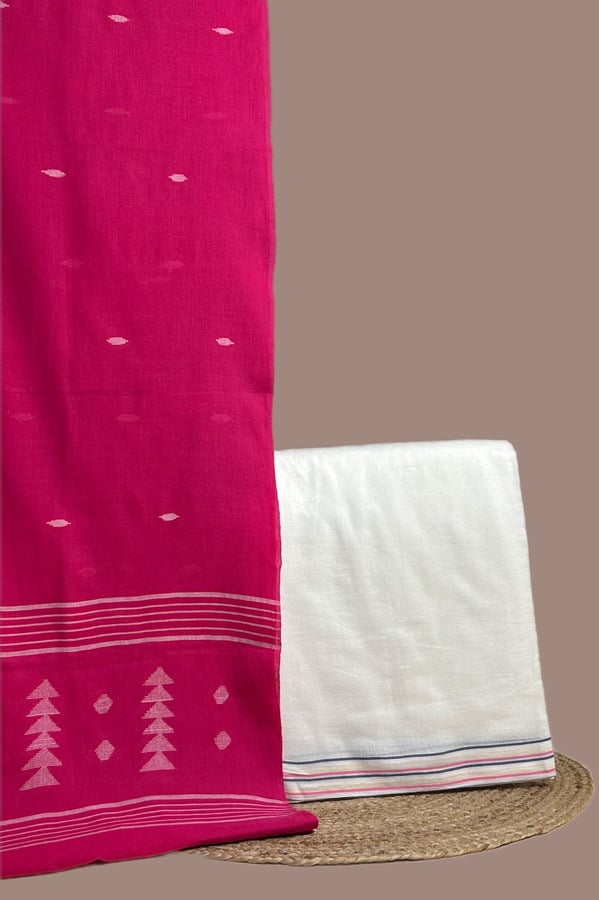 White - 2pc Handloom Cotton Dupatta and Handloom Stripe Border Top Fabric Set Magenta handloom jamdani dupatta with woven temple motifs and an ivory stripe-hem handloom top.