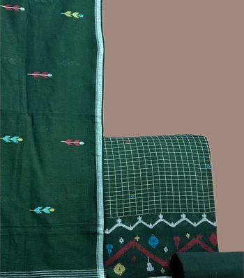 Green jamdani leaf motif dupatta with a green check woven border top and green bottom.