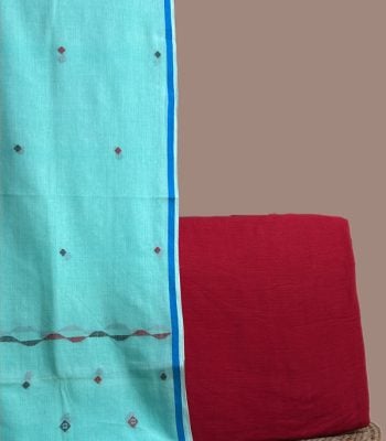 Aqua handloom jamdani dupatta with blue border and red butis