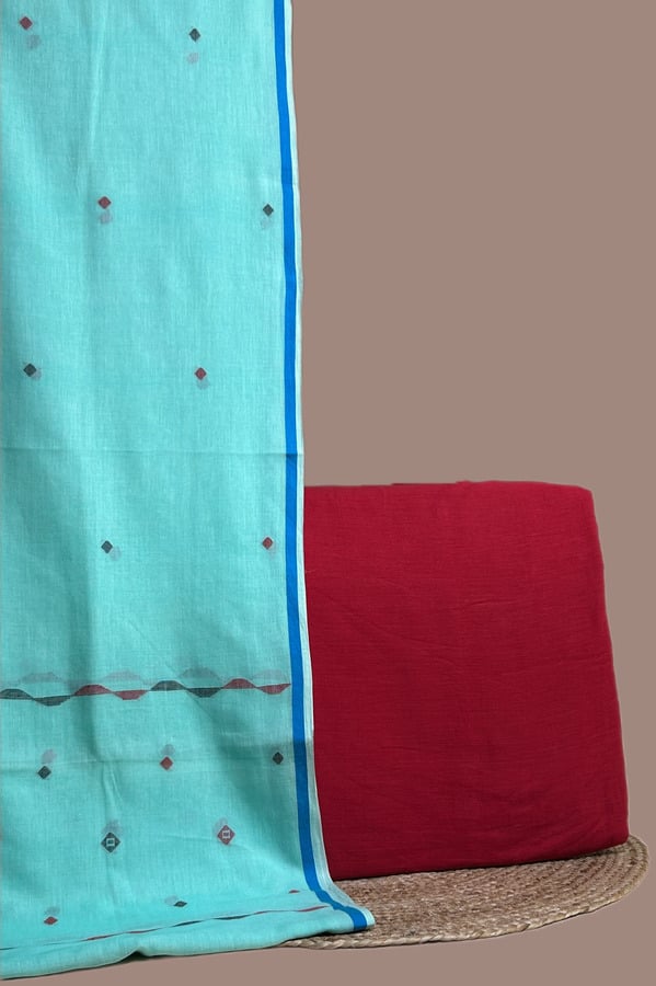 Aqua handloom jamdani dupatta with blue border and red butis
