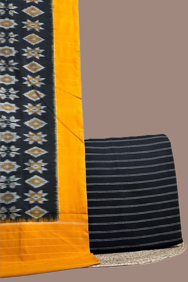 Black - 2pc Ikkat Dupatta and Handloom Stripes Top Fabric Set Black Ikkat dupatta with star motifs and mustard border