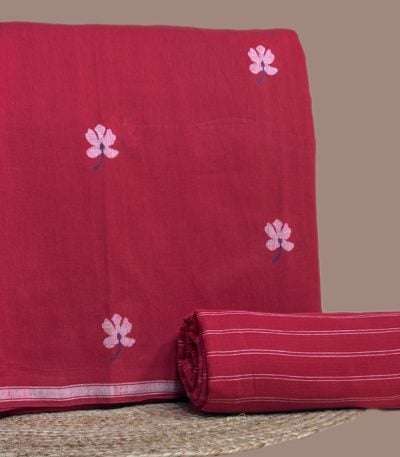 Red handloom top woven with pink floral motifs