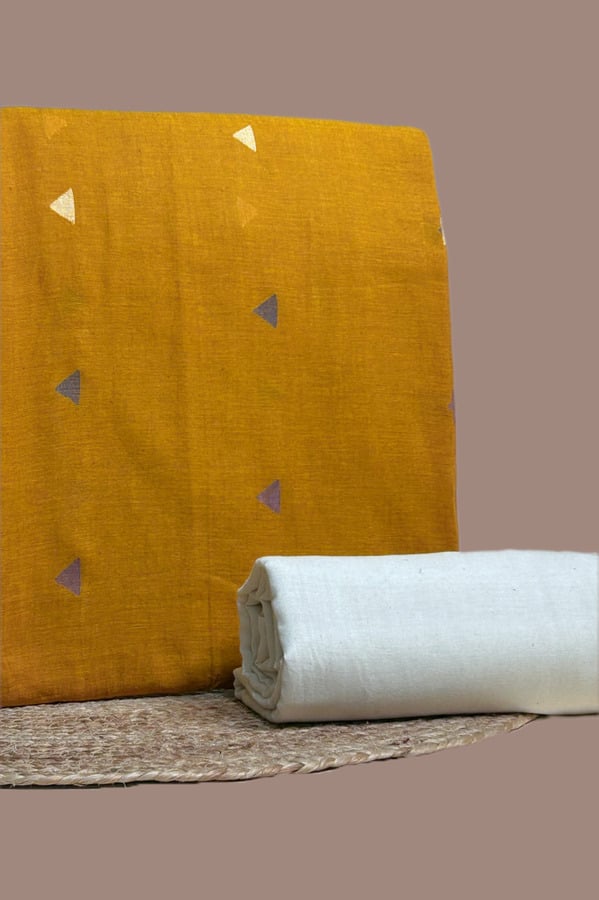 Yellow - 2pc Handloom Woven Design Cotton Top and Handloom Soft Cotton Bottom Fabric Set Mustard handloom top woven with ivory and grey triangle butis