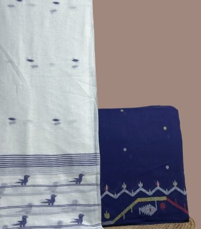 Ivory handloom dupatta with woven bird pallu and a navy jamdani woven border top.
