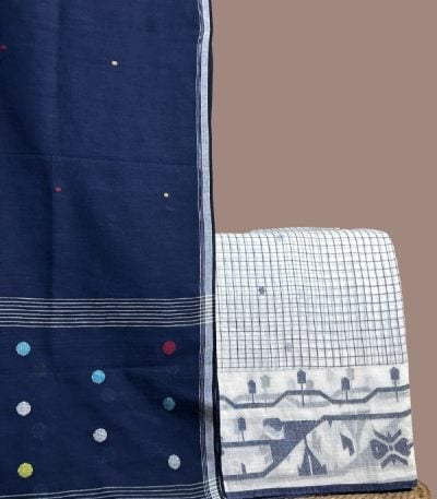 Navy handloom dupatta with multicolour butis and an ivory check jamdani woven border top.