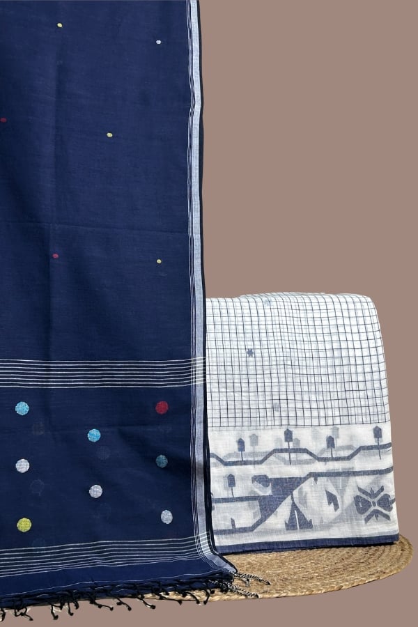 White - 2pc Handloom Cotton Dupatta and Jamdani Intricate Woven Cotton Top Fabric Set Navy handloom dupatta with multicolour butis and an ivory check jamdani woven border top.