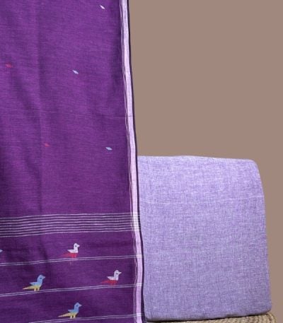 Purple handloom jamdani dupatta with a woven bird pallu and a plain lavender top.