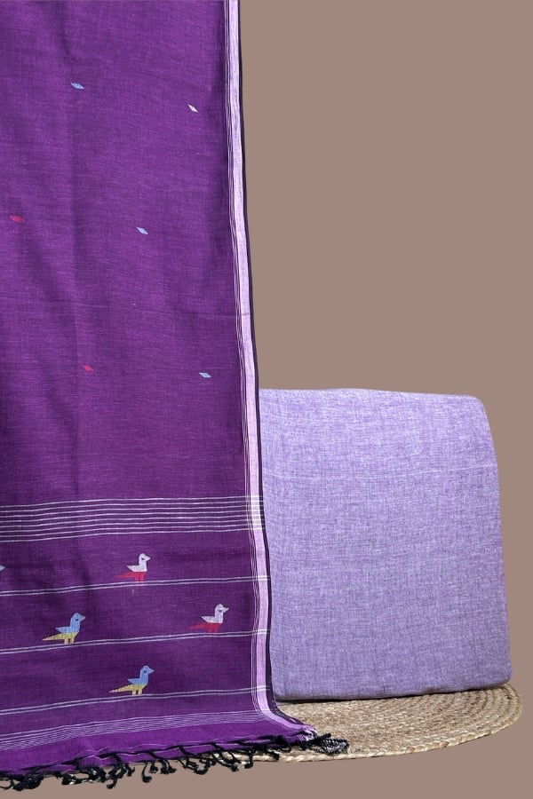 Purple - 2pc Handloom Cotton Dupatta and Plain Handloom Cotton Top Fabric Set Purple handloom jamdani dupatta with a woven bird pallu and a plain lavender top.