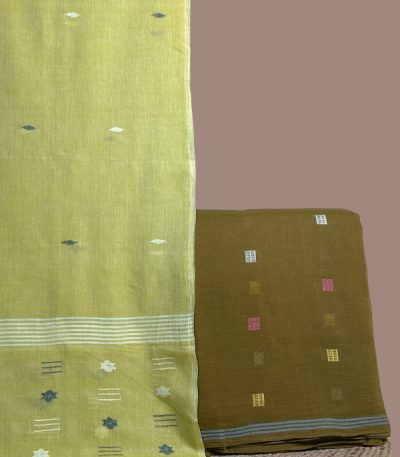 Lime handloom jamdani dupatta with star pallu and an olive woven square buti top.