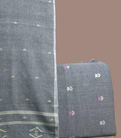 Gray handloom jamdani dupatta with woven butis and a gray woven tulip motif top.