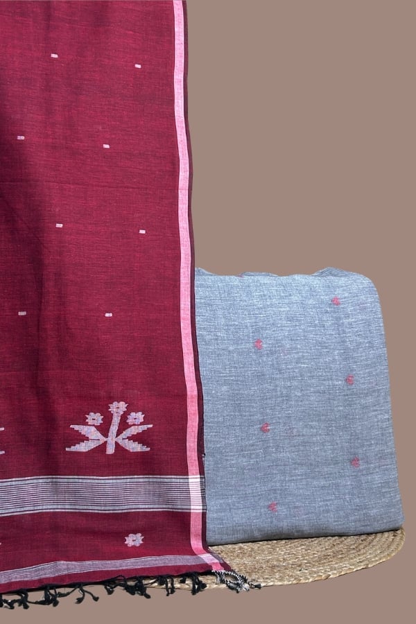 Gray - 2pc Handloom Cotton Dupatta and Handloom Woven Design Top Fabric Set Maroon handloom jamdani dupatta with woven tree pallu and a gray woven buti top.
