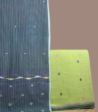 Teal handloom striped dupatta with jamdani butis and a lime green woven buti top.