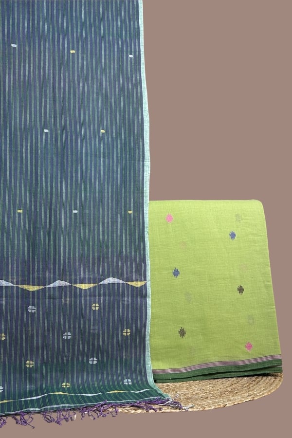 Green - 2pc Handloom Cotton Dupatta and Handloom Woven Design Top Fabric Set Teal handloom striped dupatta with jamdani butis and a lime green woven buti top.